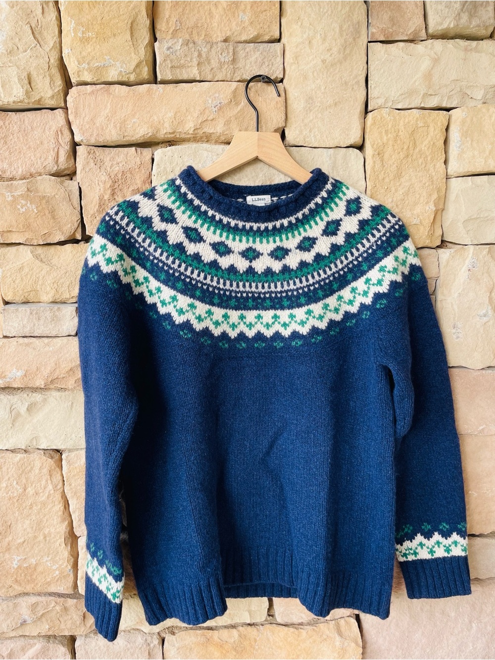 L.L. Bean Vintage Navy Fair Isle Wool Crewneck Sweater